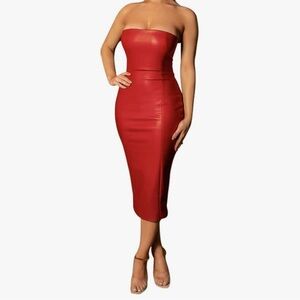 Elegant Red Strapless Pleather Dress